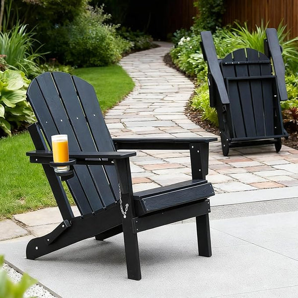 HDPE Foldable Adirondack Chair Outside with Cup Holder, Composite Outdoor Chairs with Wood Texture, Black - Photo 1
