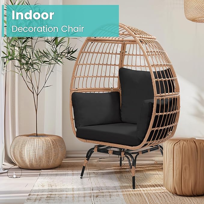 Oversized 360° Swivel Rattan Egg Chair for Adult, Indoor Outdoor Patio Large Wicker Egg Chair with Overstuffed Cushions, 440lb Weight Capacity, Natural Rattan with Black Cushion