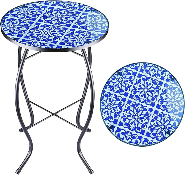 12 Inch Small Outdoor Side Table with Blue-White Mosaic, Glass Mosaic Patio Table Indoor - Photo 1