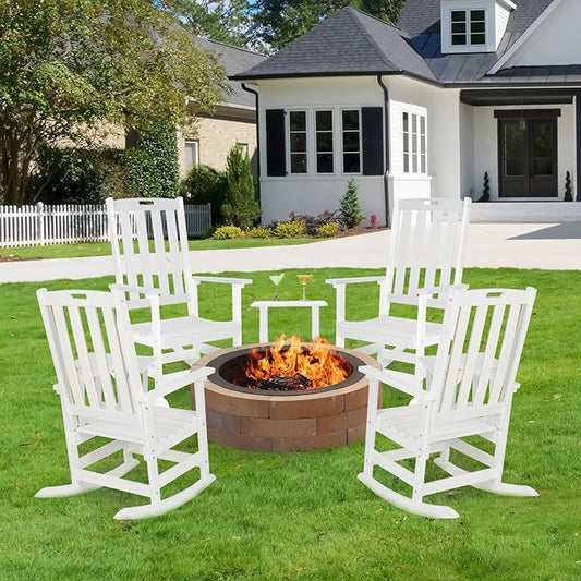 Aoodor Outdoor Rocking Chair, Ergonomic HDPE Rockers with All-Weather Design for Patio or Porch, Color White,Set of 4