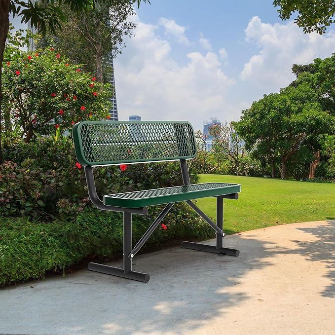 4 Ft Metal Park Bench for Outside, All-Weather Thermoplastic Coating Outdoor Bench with Backrest, Commercial Heavy Duty Benches for Shopping Malls, Stores, Parks, Patios, Decks, Blue