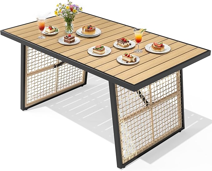 YITAHOME Dining Table 59.1"x34.3" Rectangular Patio Table with Metal Frame & Rattan Mesh All-Weather Outdoor Patio Dining Table for 6 Outdoor Table with Adjustable Feet for Outdoor/Indoor