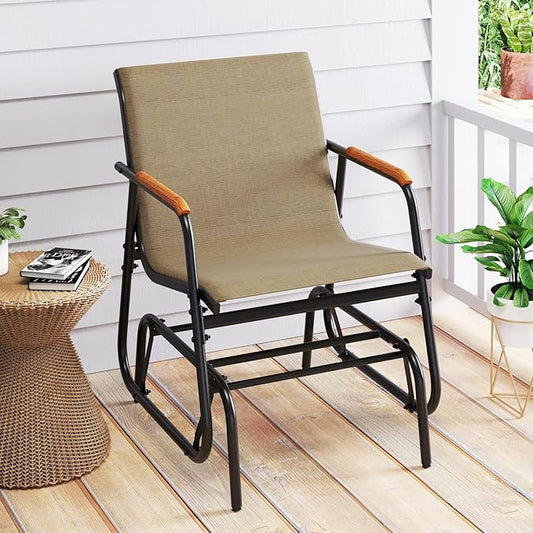 Tangkula Patio Glider Chair, Swing Gliding Armchair w/Curved Teak Armrests & Breathable Fabric Seat, Outdoor Metal Frame Rocking Chair Set for Porch, Backyard, Poolside (1 Pack)