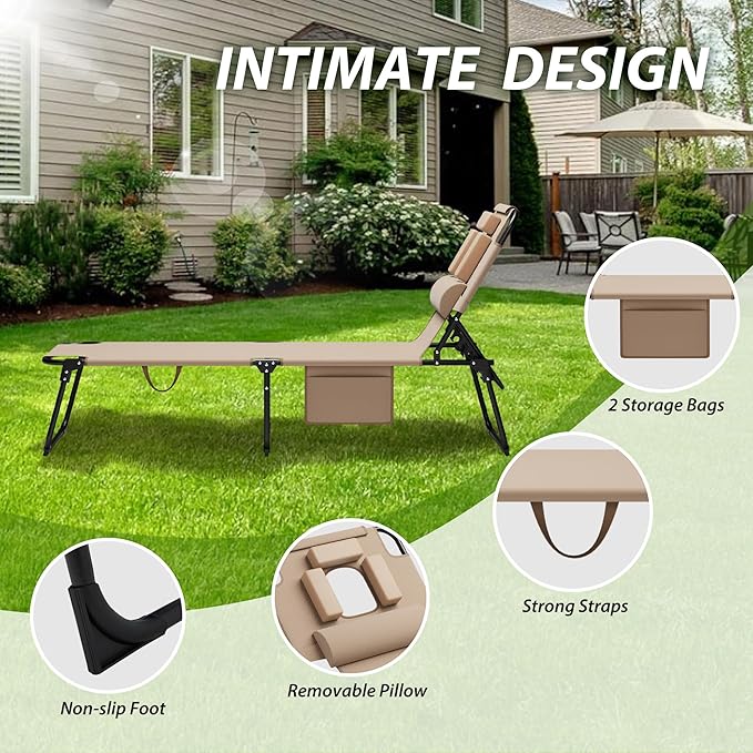 400lbs Tanning Chair, 5-Fold Beach Lounge Chair with Face Hole & 2 Side Pockets, Non-Slip Foot & Portable Handle, Beach Chaise Lounge for Patio/Pool/Lawn(1, Beige)
