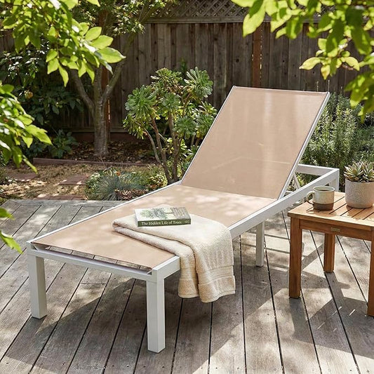 LeisureMod Marlin Aluminum Outdoor Chaise Lounge Chair - Mesh Sling Fabric Seat White Aluminum Frame Beach, Pool Lounge Chair for Modern Patio Lawn, Garden and Backyard (Light Brown)