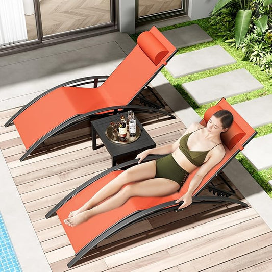 AthLike 3 pcs Poolchairs Patio Chaise Lounge Set with Headrest, 5-Level Adjustable Sunbathing Tanning Poolside Lounger Recliner Chairs with Side Table for Outdoor Beach (Orange, 4Chairs and 2Tables)