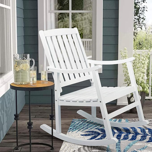 Eyely KCR102C Winnie Classic Slat-Back 300-Lbs Support Acacia Wood Patio Outdoor Rocking Chair for Garden, Lawn, Backyard, Pool, Deck, Beach, Firepit, White