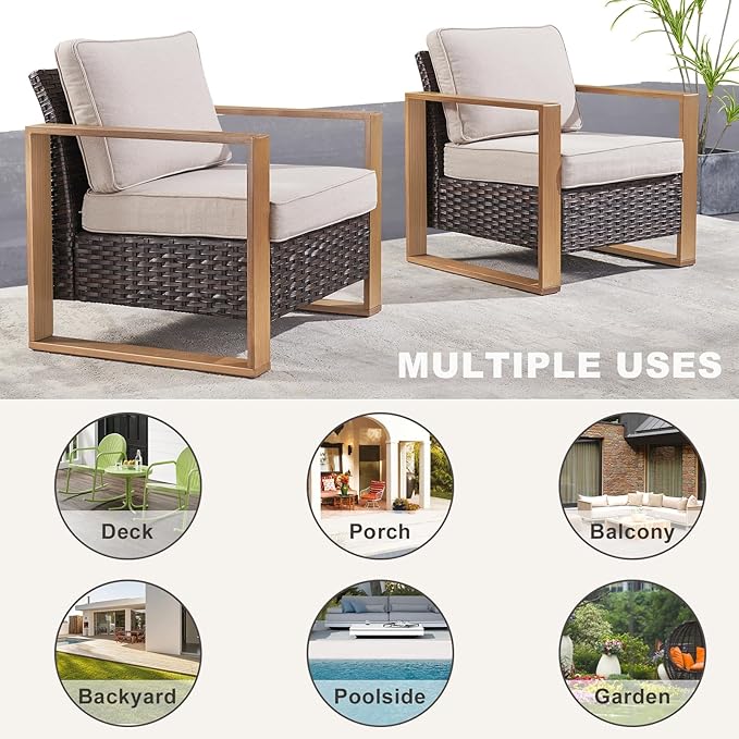 Rilyson Wicker Outdoor Patio Chairs Set of 2, Rattan Patio Furniture Chairs with Sturdy Frame,All-Weather PE Wicker,Wide Armrest,Deep Seating and Thick Cushions for Deck Porch Garden(Brown/Beige)