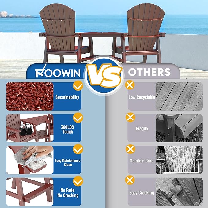 FOOWIN Tall Adirondack Chair Set of 8, All Weather HDPE Bar Height Adirondack Chair with Double Connecting Trays, Adirondack Barstools for Balcony, Deck, Backyard, Patio, Garden Brown