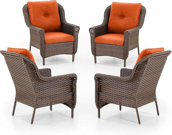 Patio Wicker Chairs Outdoor Furniture Chair - Set of 4 Outside All Weather Lawn Dining Brown Rattan Armchair with High - Photo 1