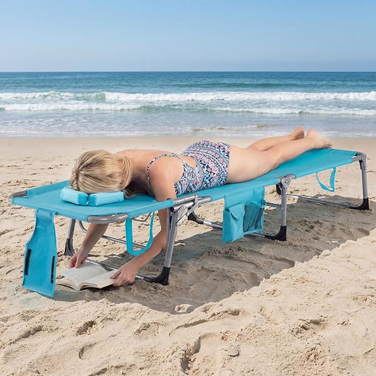 COSTWAY Tanning Chair with Face Hole, Folding Beach Lounge Chair with 4-Position Adjustable Backrest, Pillow & Side Pocket, Foldable Chaise Lounge Chair Outdoor for Sunbathing, Camping (2, Turquoise)