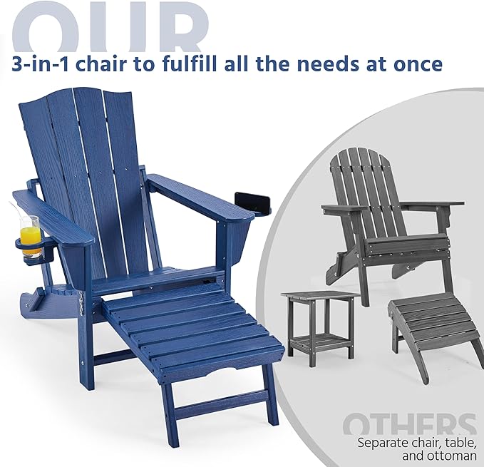Yaheetech Adirondack Chair with Retractable Ottoman, All Weather Patio Folding Fire Pit Chair with Cup Holder and Phone Holder for Outdoor Poolside, Navy Blue, 4 pcs