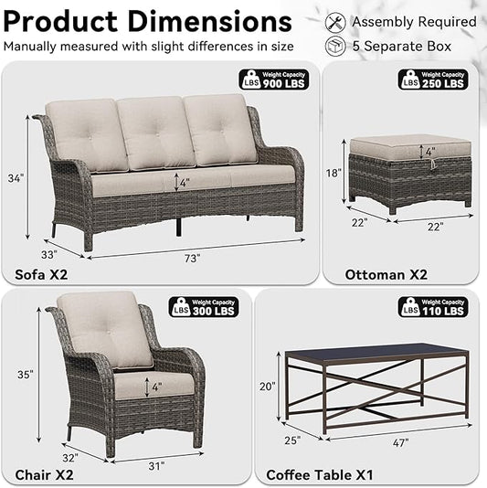 7 Piece Outdoor Wicker Patio Furniture Set, Patio Chairs Set with Thickened Olefin Cushions, High Back and Deep Seating, Hand-Woven PE Rattan, Ottoman for Porch, Deck