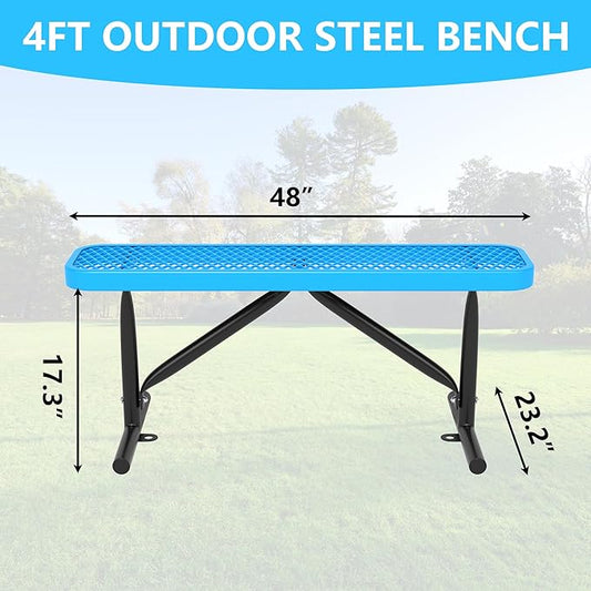 4 Feet Outdoor Steel Bench, Blue Heavy Duty Metal Park Bench for Outside, Weatherproof Dock Bench, 48" L Commercial Benches Mesh Bench for Shopping Mall, Store, Lawn, Park, Patio, Deck, Garden