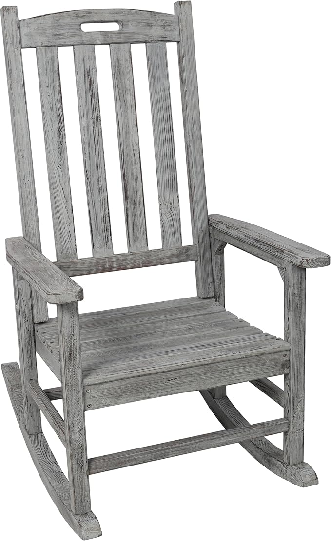 Patio Wooden Rocking Chair, High Back Wood Rocker Accent Chairs, Durable Porch Rocker Chair with Wide Seat, Patio Rockers for Outdoor & Indoor, Garden, Porch (Grey)