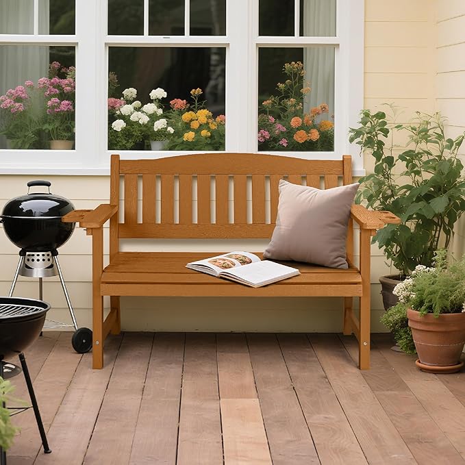 2-Person HIPS Outdoor Bench, Weatherproof Garden Bench with 800 lbs Weight Capacity, Artificial Wood Grains, Never Rot or Fade, Patio Benches for Garden, Porch, Balcony, Backyard, Brown