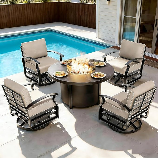 Gotland 5 Piece Patio Set, Aluminum Outdoor Swivel Chairs Set with 48’’ Round Fire Pit 5.1’’ High-Resilience Seat - Photo 1