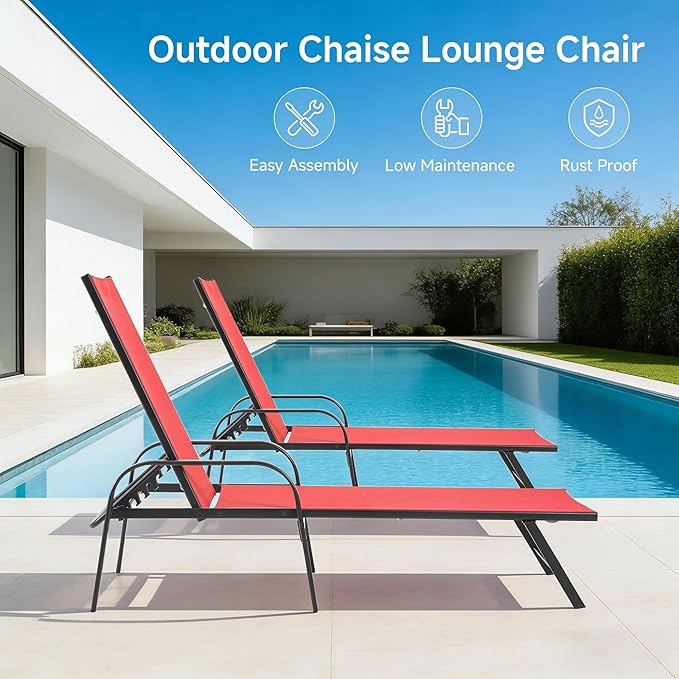 DUMOS 5-Position Foldable Adjustable Chaise Lounge Chair with Armrests, Sturdy Metal Frame Outdoor Sun Recliner for Patio, Backyard, Poolside, Classic Red