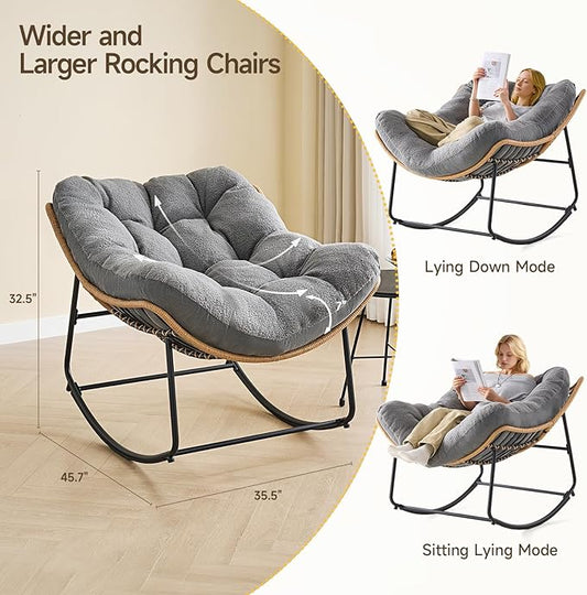 ONBRILL Outdoor Rocking Chairs, Oversized Papasan Rocking Chair Indoors with Padded Cushions, Rattan Wicker Lounge Chair for Living Room, Porch, Patio, Garden, Gray