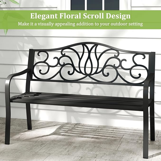 Tangkula 50 Inches Outdoor Garden Park Bench, Cast Iron Metal Front Porch Loveseat with Floral Design Backrest and Slatted Seat, Patio Bench with Armrests for Outside, Yard and Lawn, Black