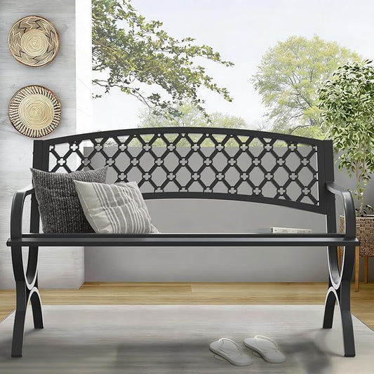 On Shine 50'' Patio Garden Bench, Loveseats Patio Park Bench,Black Steel Cast Iron Frame Bench,Metal Bench Outdoor for Porch Yard Lawn Deck (Grid)