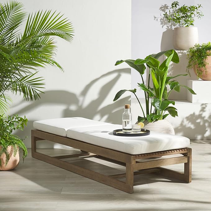 SAFAVIEH Couture Outdoor Collection Saint Vincent Natural/Beige Cushion Solid Wood Chaise Lounge Chair