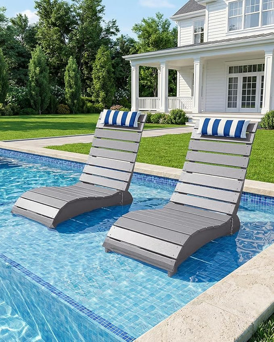 Pool Lounge Chairs, HDPE Adjustable Chaise Chairs with Headrest, Weighted Fade-Resistant Pool Chairs and Lounger for Baja Ledge,Poolside and Deck, Grey