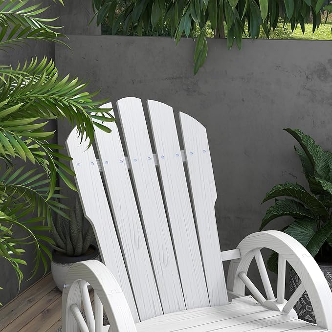 Outsunny Wooden Rocking Chair, Adirondack Rocker with Slatted Design and Oversized Back, Outdoor Rocking Chair with Wagon Wheel Armrest for Porch, Poolside, and Garden, White