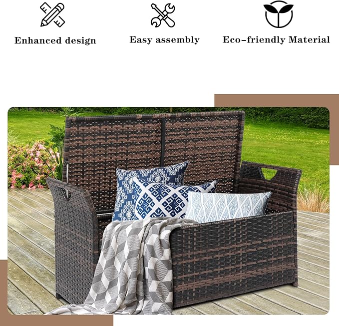 Outvita 40 Gallon Outdoor Storage Box, Patio Rattan Storage Bench with Cushion for Backyard, Balcony, Poolside, Garden, Brown