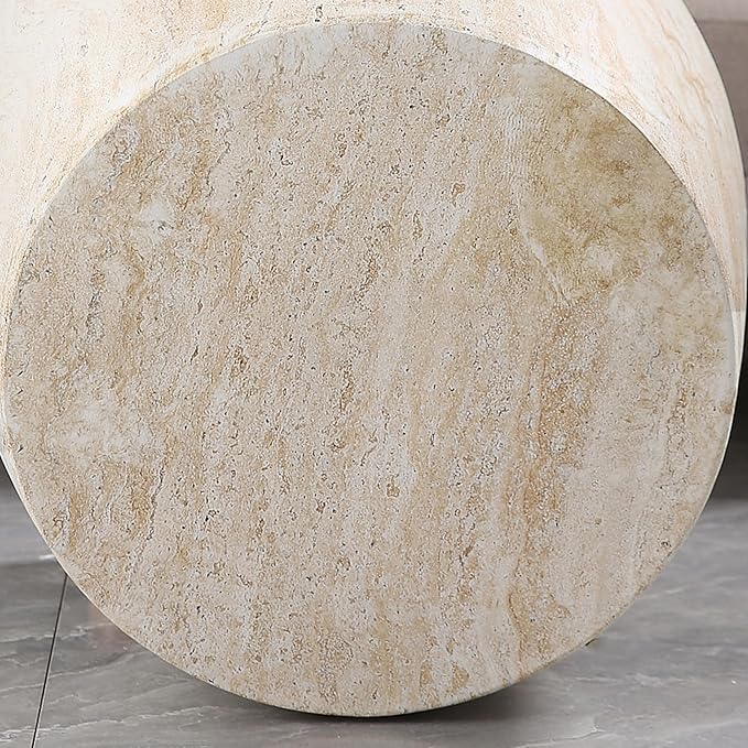 Outdoor Side Table Round Concrete End Table Faux Stone Side Tables Travertine Small Coffee Tables for Indoor Outdoor, Garden Stool Plant Stand for Porch Backyard Patio Faux Marble-Barrel