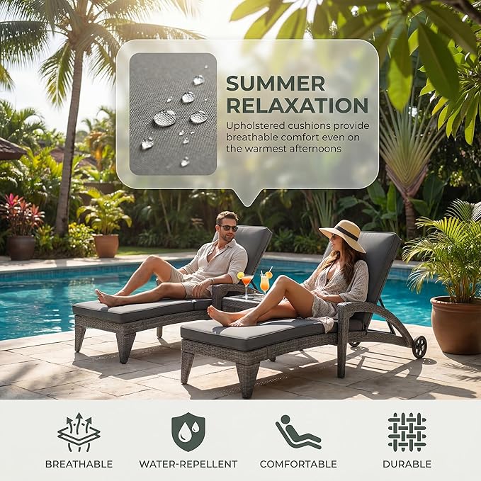Chaise Lounge Chairs Set of 4, Upholstered 4-Positions Adjustable Lounge Chairs, Wicker Outdoor Long Reclining Chaise Lounge Set Pool Lounge Chairs with Wheels for/Deck/Beach/Yard, Grey
