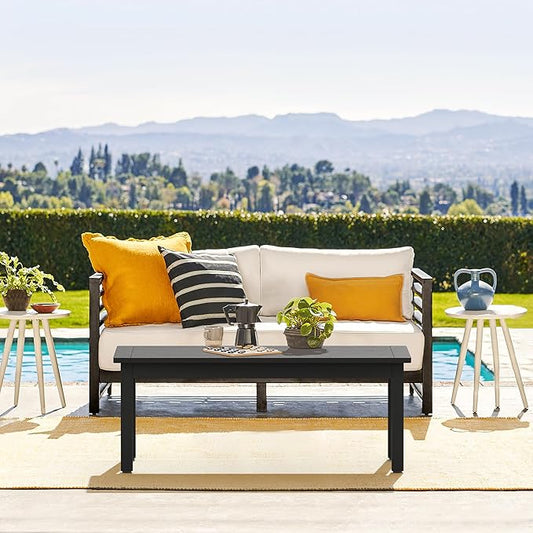 LUE BONA Outdoor Coffee Table, HDPS Black Patio Coffee Tables for Outside Rectangle, Adjustable Levelling Feet/Weather Resistant, Patio Table for Deck, Pool, Balcony, Indoor or Outdoor Use