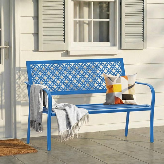 ONBRILL 50" Outdoor Bench, Garden Benches with Galvanized Metal Frame, Front Porch Bench with Floral Backrest, Patio Furniture with Adjustable Feet for Park, Yard, Lawn, Entryway, Blue