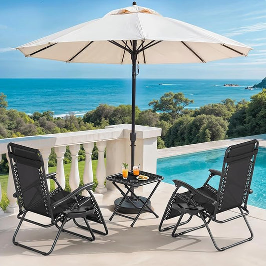 Magshion Folding Zero Gravity Chairs Set of 2, Outdoor Reclining Camping Chairs, Patio Lounge Recliners with Side Table & Cup Holder Tray, Black