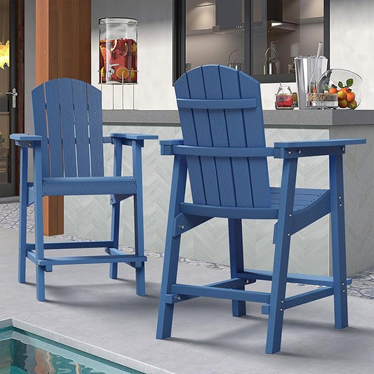 DWVO 25" Tall Adirondack Chair, Poly Bar Height Balcony Chairs with Armrest & Footrest, Outdoor Bar Stool Lifeguard Chair for Deck Pool Patio and Porch, Navy Blue