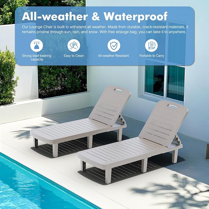 WACASA Outdoor Chaise Lounge Chairs Set of 4, Oversized Lounge Chairs with 5-Level Adjustable Backrest & Cup Holder, Resin Waterproof Pool Lounge Chair for Poolside, Patio, Beach, Yard, Gray