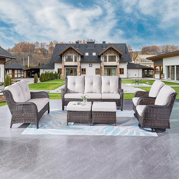 Rilyson Wicker Patio Furniture Set - 6 Piece Rattan Outdoor Sectional Conversation Sets with 2 Rocking Swivel Chairs - Photo 1