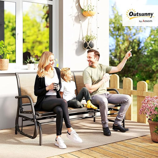 Outsunny 3-Person Patio Glider Bench, Outdoor Porch Glider Swing with 3 Seats, Breathable Mesh Fabric, Metal Frame, Light Mixed Brown