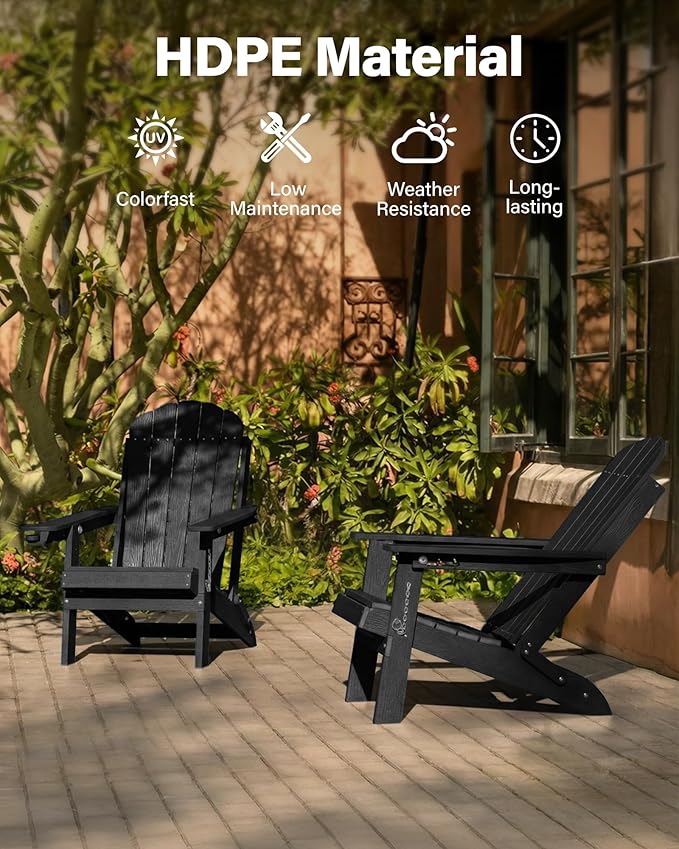 YEFU Folding Adirondack Chair for Outdoor: Plastic Foldable Fire Pit Chair with Cup Holders & Adjustable Backrest - Sturdy All-Weather HDPE for Outside Patio Poolside - Easy Assembly(Black)