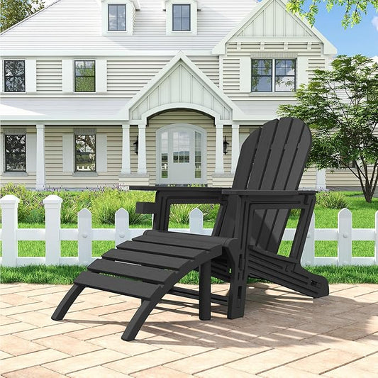 Adirondack Ottoman Tool-Free Assembly, HDPE All Weather Outdoor Foot Rest, Plastic Adirondack Chair Footstool for Patio Deck Backyard Outside(Black)