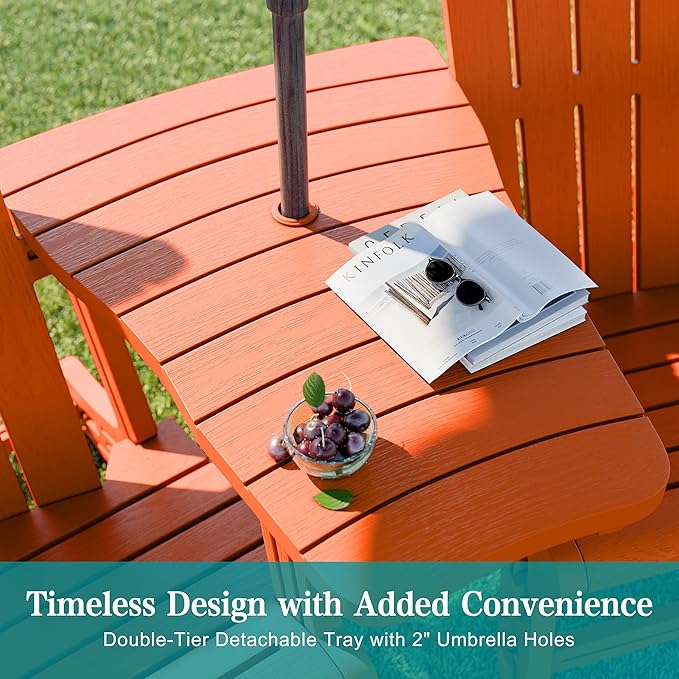 JY QAQA Outdoor Adirondack Chair Set of 2 with Detachable Table & Ottoman, All-Weather HDPE Patio Furniture with Wood Texture & Cup Holder for Patio, Poolside, Garden, Orange