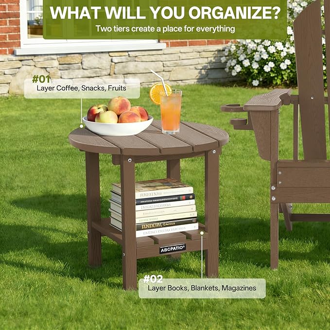 Outdoor Side Table Round - Patio Side Tables - HDPE Small Outdoor End Table for Backyard Pool Porch Balcony - Double Layer Storage - Light Brown (Wood Grain Finish)