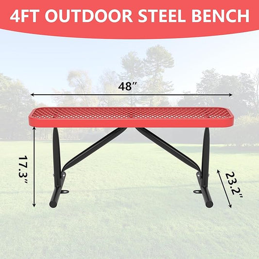4 Feet Outdoor Steel Bench, Red Heavy Duty Metal Park Bench for Outside, Weatherproof Dock Bench, 48" L Commercial Benches Mesh Bench for Shopping Mall, Store, Lawn, Park, Patio, Deck, Garden