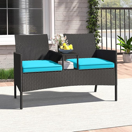 Tangkula Patio Loveseat with Built-in Table, Wicker 2-Seat Furniture with Soft Cushions & Tempered Glass Tabletop, Metal Frame Outdoor Conversation Seating Bench for Backyard, Porch