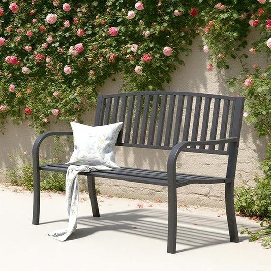 Metal Bench Patio Bench, Outdoor Benches Weatherproof with Slat Backrest, Wrought Iron Garden Benches for Outdoors, Patio, Garden, Park, 2 Pack