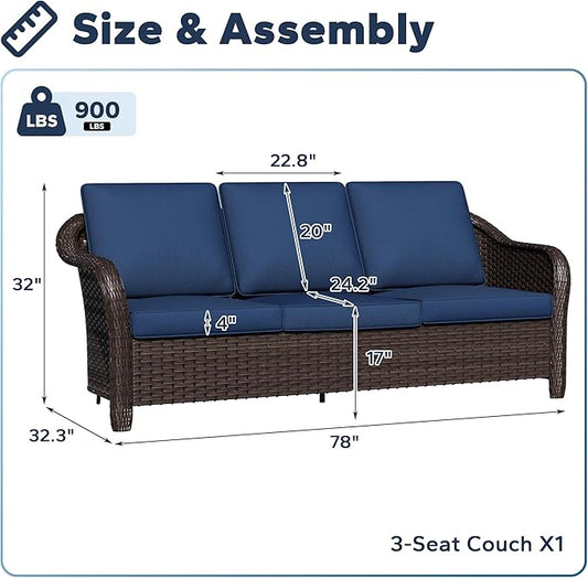 78" Wicker 3-seat Sofa, Outdoor Conversation Furniture, All-Weather Rattan Couch, Steel Frame Couch with Cushions for Garden, Poolside, Porch (Navy Blue)