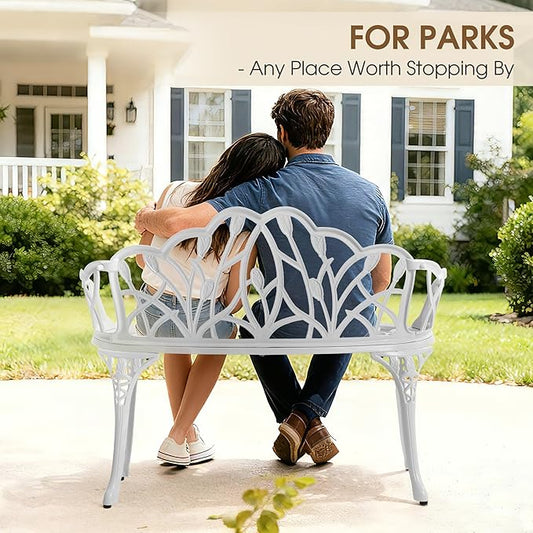 Outdoor Bench, Cast Aluminum Double Seating with Backrest and Armrests, Mental Outdoor Furniture for Patio, Porch, Garden, Park, White Tulip