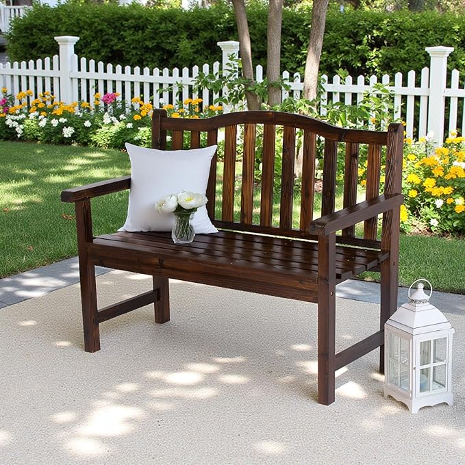 Shine Company Belfort Outdoor Solid Wood Patio Garden Bench, Ergonomic Seat, 22" D x 44.75" W x 36" H, Burnt Brown