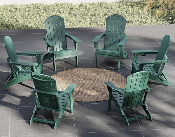 Plawdlik Folding Adirondack Chair Set of 6 with Cup Holder,Wooden Textured ,Heavy All-Weather HDPE Comfortable Set - Photo 1