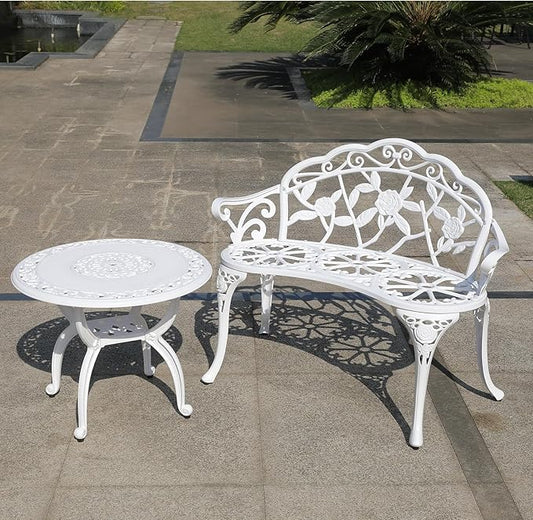 Cast Aluminium Outdoor Bench, Rose Garden Bench for Patio,Park,Lawn,Yard (White)